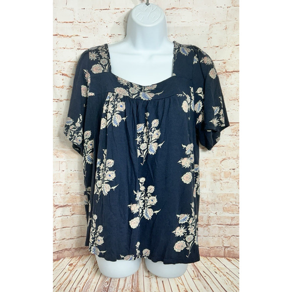 Lucky Brand Peasant Boho Top Size Large Short Sleeve Blue Floral Bohemian Blouse - Picture 1 of 4